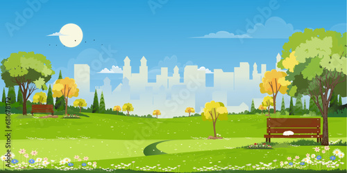 Spring landscape at City park Natural public park with flowers blooming in the garden Vector Horizon scene of green fields and Cityscape building with blue sky in sunny day Summer at urban Park