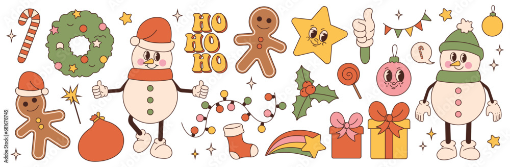 Groovy 70s Christmas sticker set. Trendy retro cartoon style. Comic cartoon characters and elements. Gifts, snowman, gingerbread, star, candy Groovy 70s Christmas sticker set. Trendy retro cartoon style. Comic cartoon characters and elements. Gifts, snowman, gingerbread, star, candy