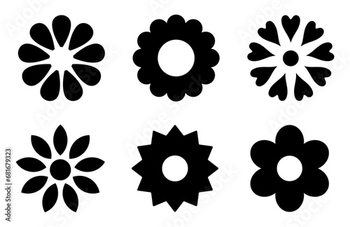 Set of six different flowers for pattern design. Flower icons set isolated on white background. Flower simple icon. Vector illustration. Flower icons set. Abstract flower icons isolated.