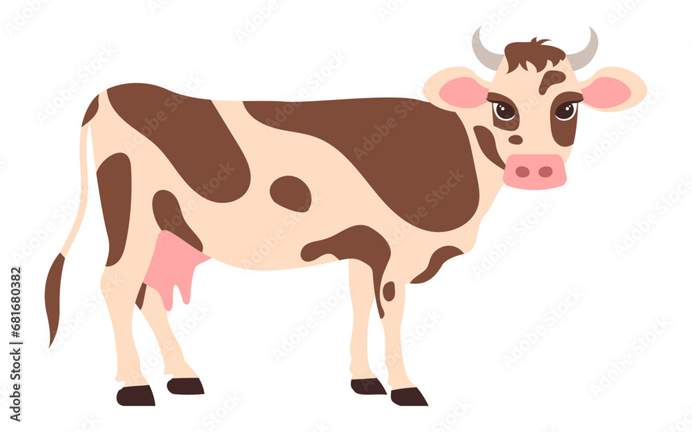 Cow in flat style. Vector illustration of a rural animal. Cute cow beige brown color.