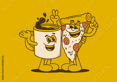 Mascot character of a coffee mug and a slice pizza