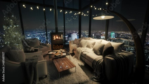 Christmas eve cozy mood in living room. Night cityscape panorama from window. 3d animation photo