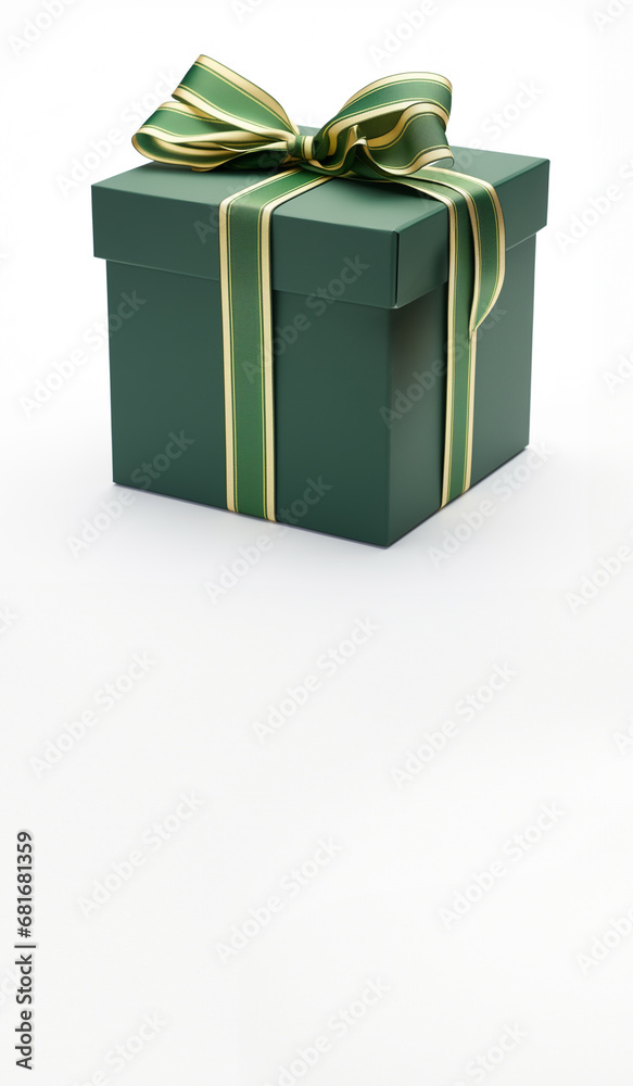 Obraz premium Green gift box - green and gold ribbon - white background - copy space below