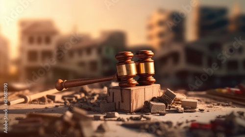 A gavel on a table top of construction site in concept of construction industry law in blur background. beautiful Generative AI AIG32