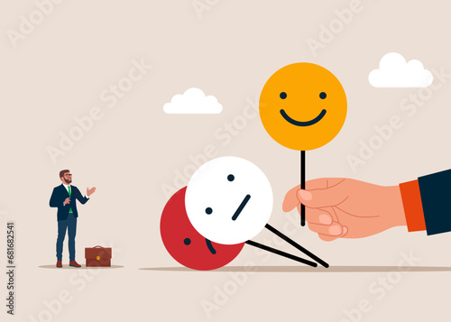 Big hand hiding personality and expressions with smiling smiley. Flat vector illustration