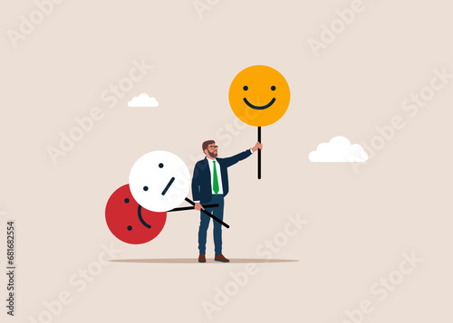 Businessman shows personality and expressions with smiling smiley. Flat vector illustration