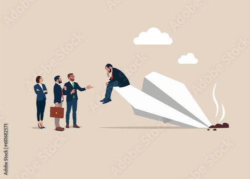 Paper plane fall. Financial disaster. Poor decision making, unforeseen event, failed business. Crisis. Vector illustration