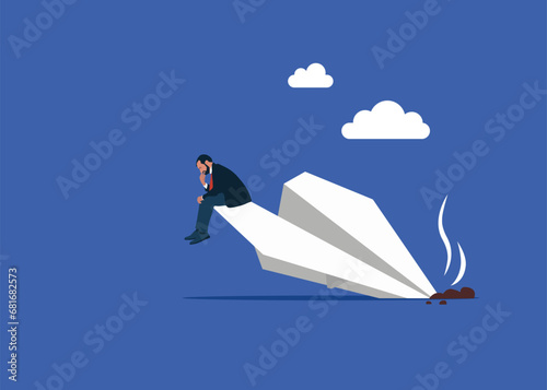 Paper plane crash. Financial crisis or failed business. Vector illustration