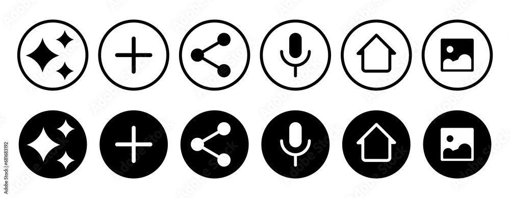Random icon set with recommendation, share, voice search, home and gallery symbol for browser and web in circle black and white. Vector Designs. Random icon set with recommendation, share, voice search, home and gallery symbol for browser and web in circle black and white. Vector Designs.