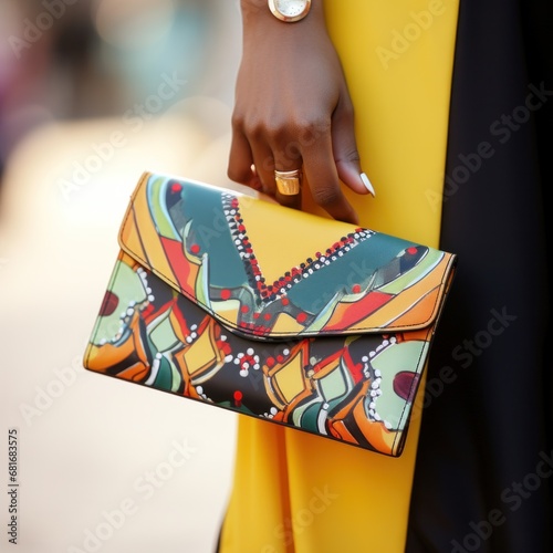 a woman's hand holding a trendy clutch bag with a bold print