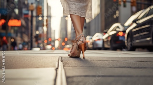 a woman's feet in strappy high heels, standing on a sidewalk photo