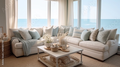 Living room decor, home interior design . Coastal Modern style with Ocean view decorated with Wicker and Metal material . Generative AI AIG26. © Summit Art Creations