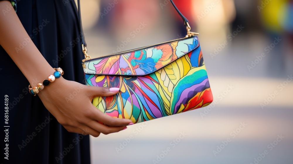 Fototapeta premium a woman's hand holding a trendy clutch bag with a bold print