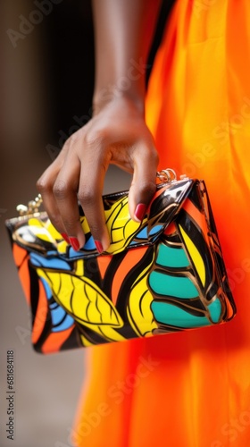 a woman's hand holding a trendy clutch bag with a bold print