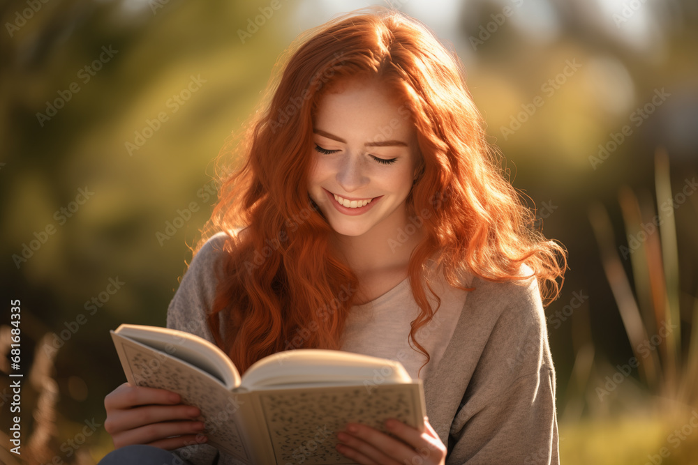 Obraz premium Young pretty redhead woman at outdoors reading a book