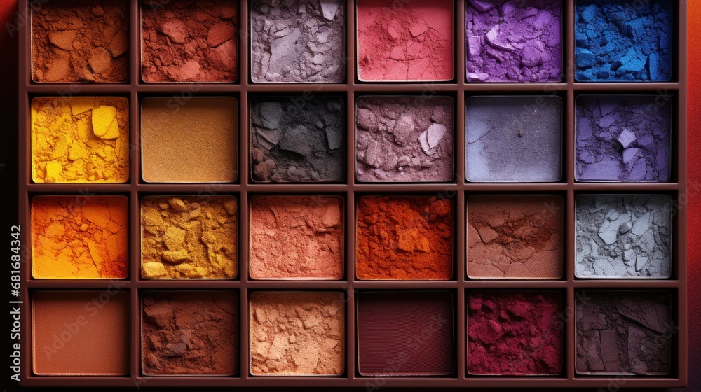 A collection of colorful eyeshadow palettes in various shades and textures