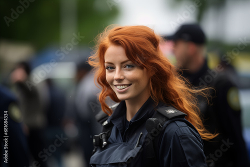 Young pretty redhead woman at outdoors with police uniform photo