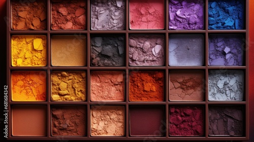 A collection of colorful eyeshadow palettes in various shades and textures