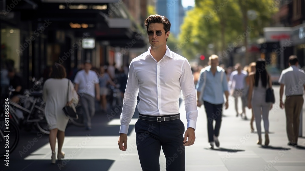 man wearing a crisp white shirt and tailored black pants, walking confidently down a busy street man wearing a crisp white shirt and tailored black pants, walking confidently down a busy street