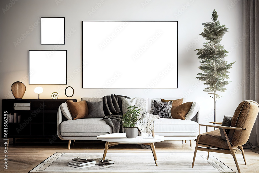 Wall art, poster, framed picture mockup in modern interior Wall art, poster, framed picture mockup in modern interior