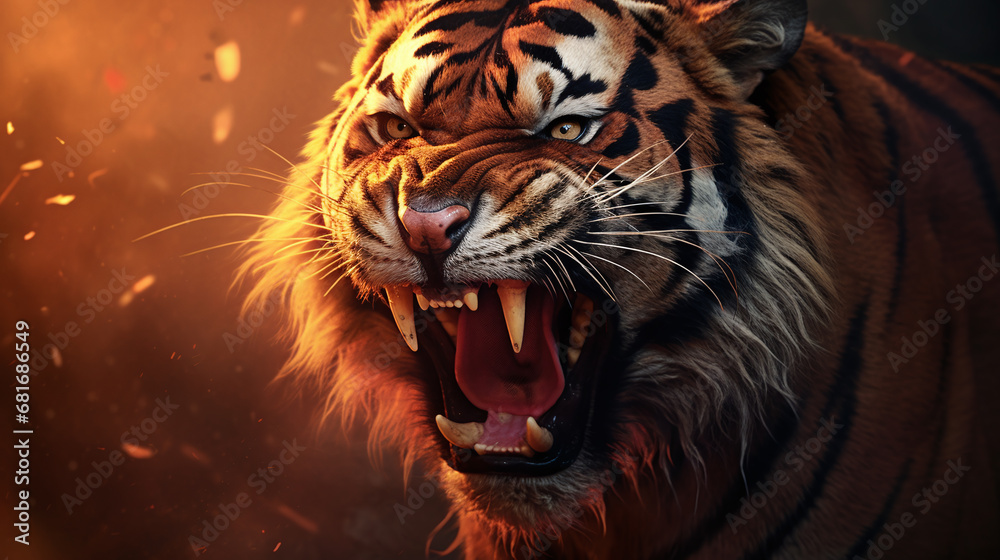 portrait of a tiger roaring powerful with fire around his head