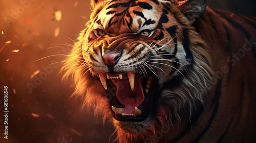 portrait of a tiger roaring powerful with fire around his head © bmf-foto.de