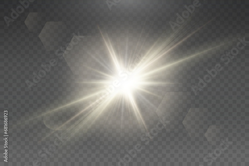 Set of realistic vector white stars png. Set of vector suns png. White flares with highlights. 
