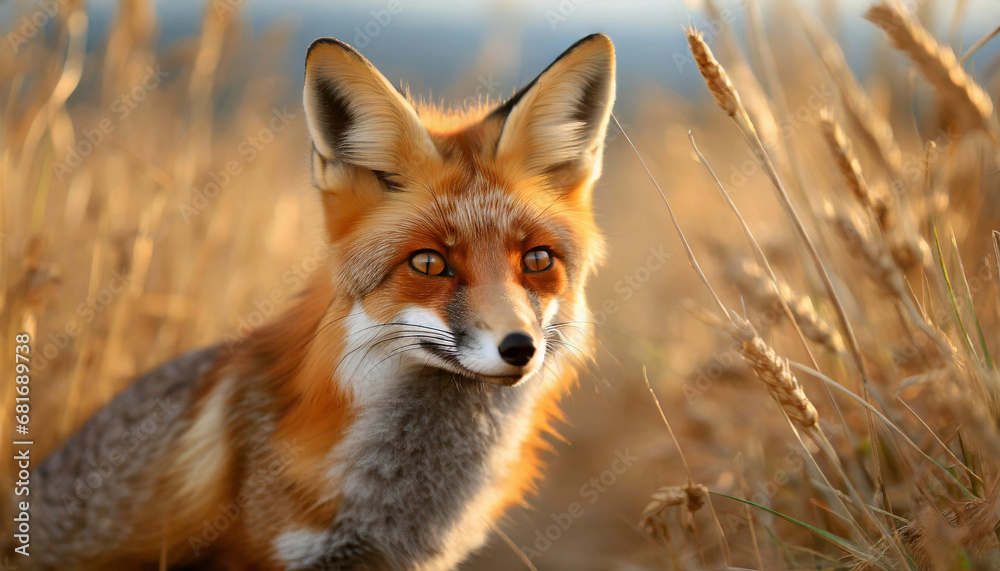 Fototapeta premium A fox standing next to its burrow in the soil in a spike field