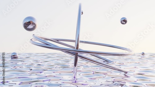 3d abstract futuristic metal chrome shape rotating hoops and spheres planets background. Surreal fantasy landscape. Fluid morphing ocean y2k seamless looped animation 4k 30fps