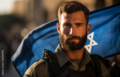 Young Israeli soldier, portrait. A beautiful, bold face looking into the camera. Blurred flag background with Star of David outdoors. Close-up. Generative AI.