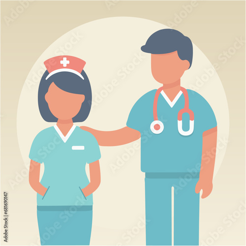 male doctor comforting female nurse hand on pocket in hospital duty medical uniform flat vector illustration character, paramedic staff stethoscope, practitioner and nurse friendly at health center