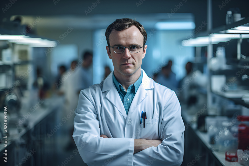 The nursewith glasses in the laboratory, looking into the camera, crossed his arms over his chest The nursewith glasses in the laboratory, looking into the camera, crossed his arms over his chest