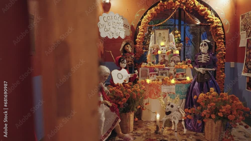 Day of The Dead Dia de los Muertos Ofrenda Altar Display Decoration with Sugar Skull Calavera and Marigolds Oaxaca, Mexico