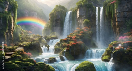 A scene with multiple tiers of waterfalls flowing through a lush canyon. Include intricate details of moss-covered rocks, sparkling spray, and a rainbow formed by the mist - AI Generative photo