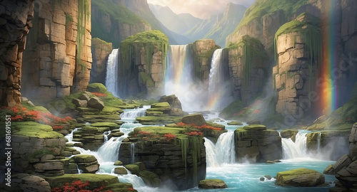 Fototapeta Naklejka Na Ścianę i Meble -  A scene with multiple tiers of waterfalls flowing through a lush canyon. Include intricate details of moss-covered rocks, sparkling spray, and a rainbow formed by the mist - AI Generative