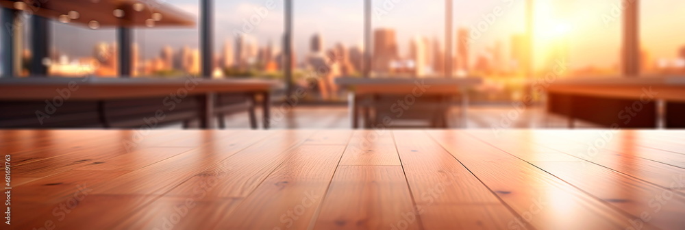 Wooden table with blurred office background,