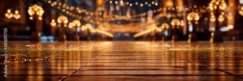abstract background and bokeh effect of wooden floor, falling balls on the city square.