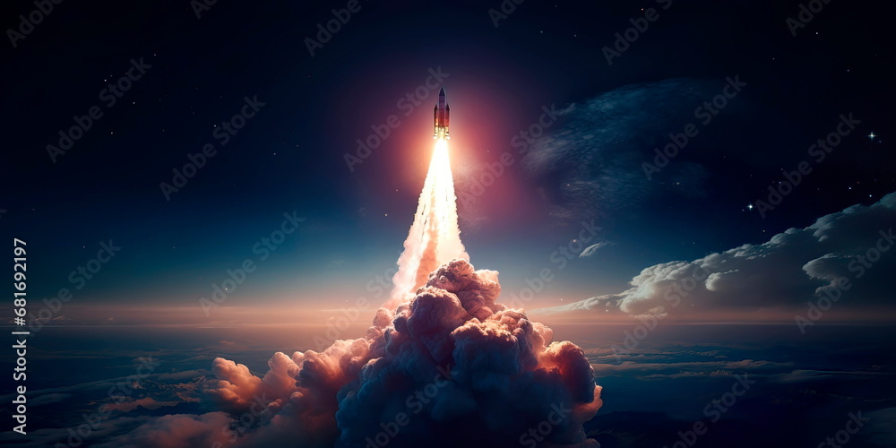 Naklejka premium rocket soaring into the depths of deep space, leaving the Earth behind in pursuit of the unknown.