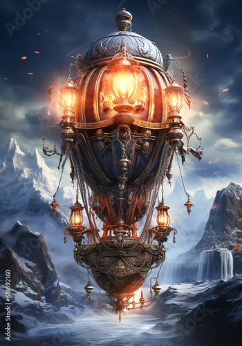 Steampunk style hot air balloon. Unreal landscape. AI generated