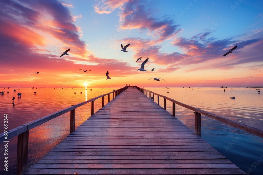 a wooden pier in water with birds flying on it at sunset Generative Ai