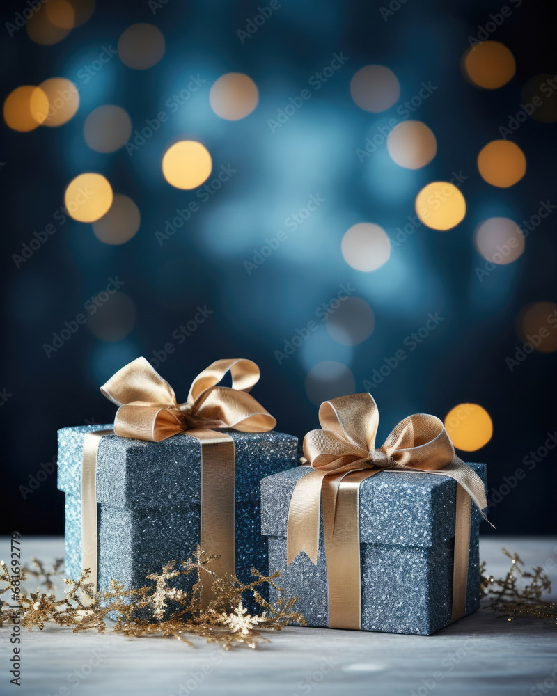 Immerse yourself in the dreamy allure of an abstract blue background, illuminated by the festive dance of golden bokeh lights, echoing the spirit of Christmas and New Year. Immerse yourself in the dreamy allure of an abstract blue background, illuminated by the festive dance of golden bokeh lights, echoing the spirit of Christmas and New Year.