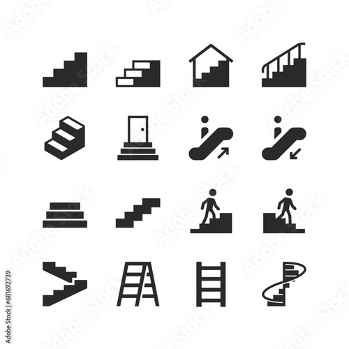Steps icons set. Human climbing steps. Ladder. A structure consisting of several steps and a railing. Black and white style