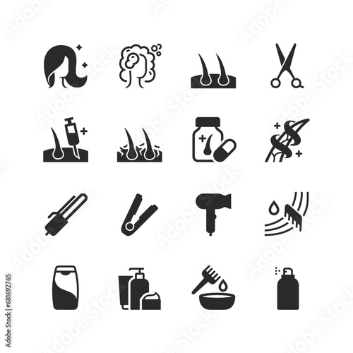 Hair hare icons set. Healthy Hair and scalp. Haircut, hair wash. Tools, equipment. Black and white style