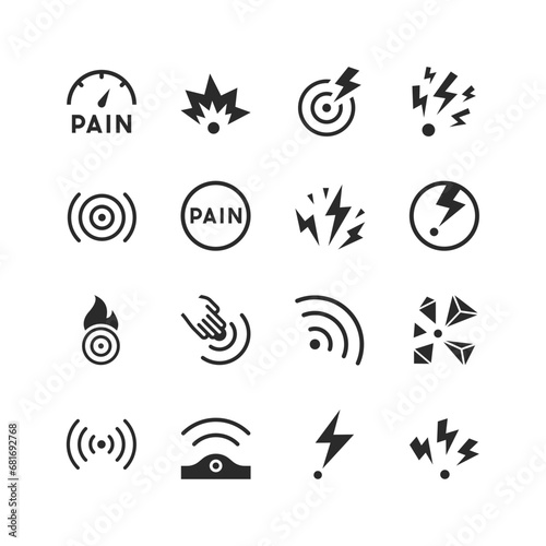 Pain icons set. The place where pain is manifested. Pain point. Appearance of pain, intensity. Types and location. Sensitive points. Black and white style photo