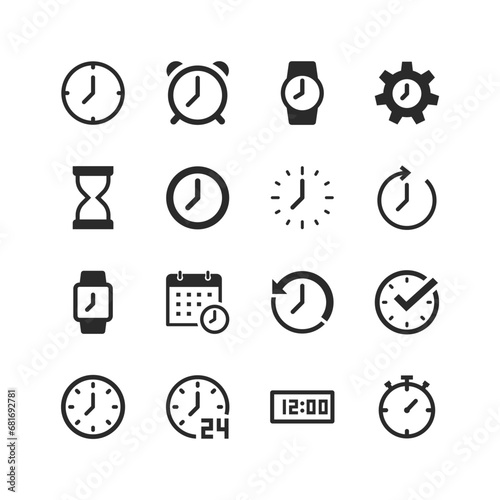 Time icons set. Clock. Wall clocks, wrist watches, digital and analog. Measurement and display of time. Devices show the current time. Black and white style