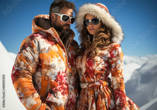 Person with luxurious and colorful snow sport clothes. Lifestyle. Fashion style. AI generated