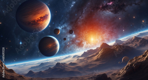 Get lost in the wonders of the universe with this creative prompt, featuring a range of styles and variations in a stunning galactic view, complete with a detailed render of a solar system - AI Genera