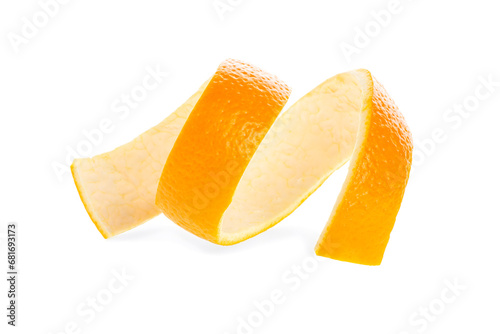 Orange twist isolated on a white background. Orange peel close-up. Orange citron.