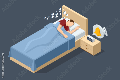 Isometric man sleeping in bed at night. Tiredness and exhaustion concept.