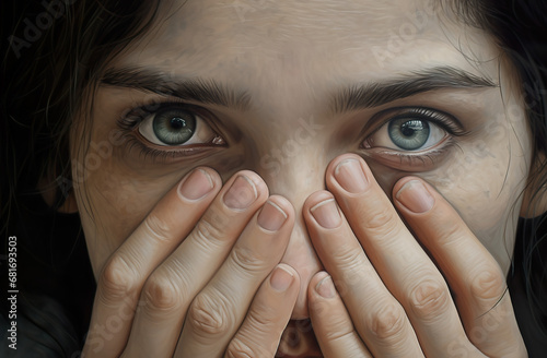 a woman holding her face against her hand